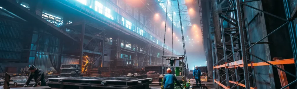 Large Workshop Interior with industrial cranes and riggers