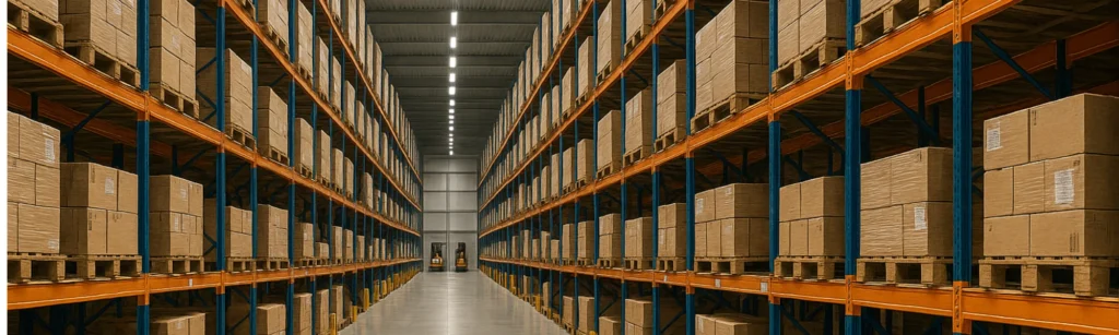 Wide-angle view of a large industrial pallet storage warehouse with tall shelving units stacked with cardboard boxes, clean concrete floors, and forklifts in the distance.