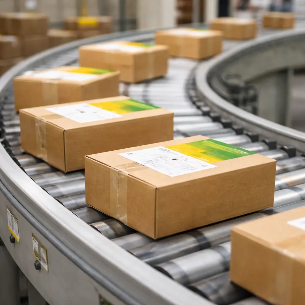 Packaged goods moving along a warehouse conveyor belt as part of outbound transportation operations