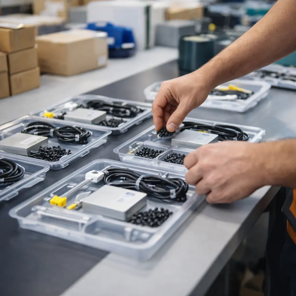 Hands assembling product components into organized kits at a warehouse workstation