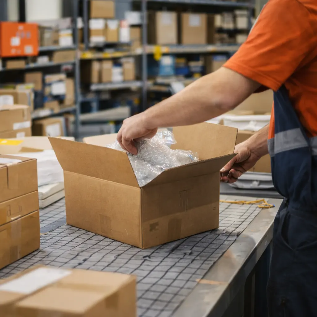 Warehouse pick-and-pack station with open boxes and packing materials as a worker prepares outbound shipments