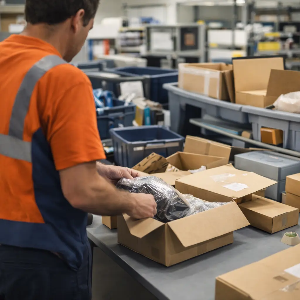 Returns processing area with opened boxes and sorting bins as a worker inspects returned items