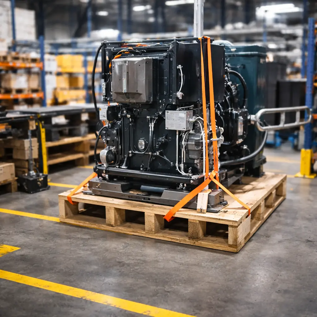 Oversized industrial equipment secured on pallets inside a warehouse for specialized handling and delivery