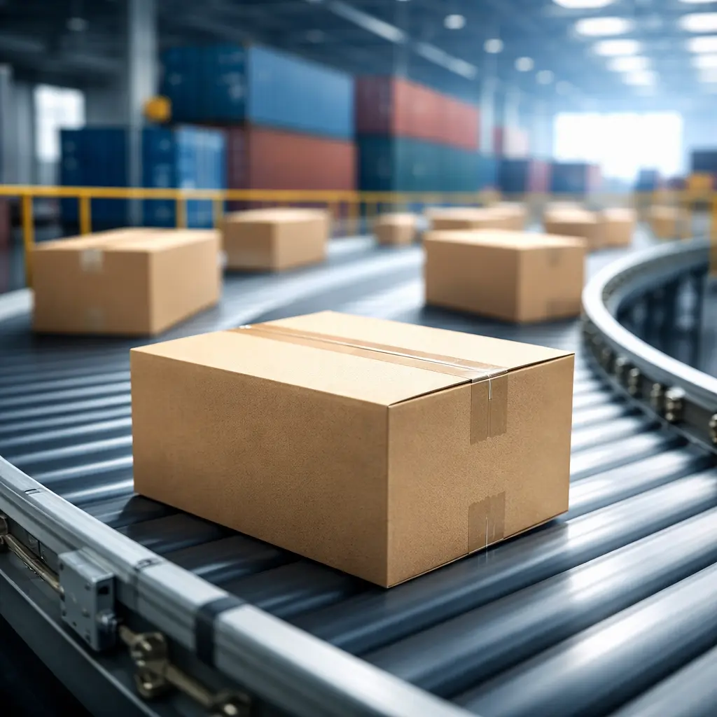 Sealed cardboard shipping boxes moving along a conveyor belt inside a modern logistics facility