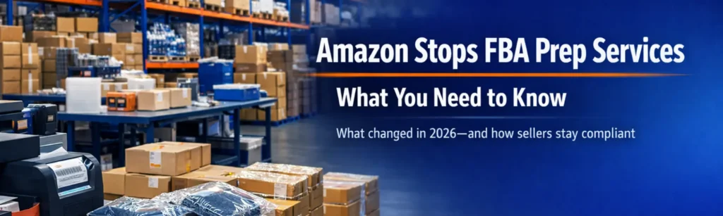 Wide warehouse interior showing organized pallet racking, barcode labeling stations, poly-bagged products, and outbound pallets for Amazon FBA prep services