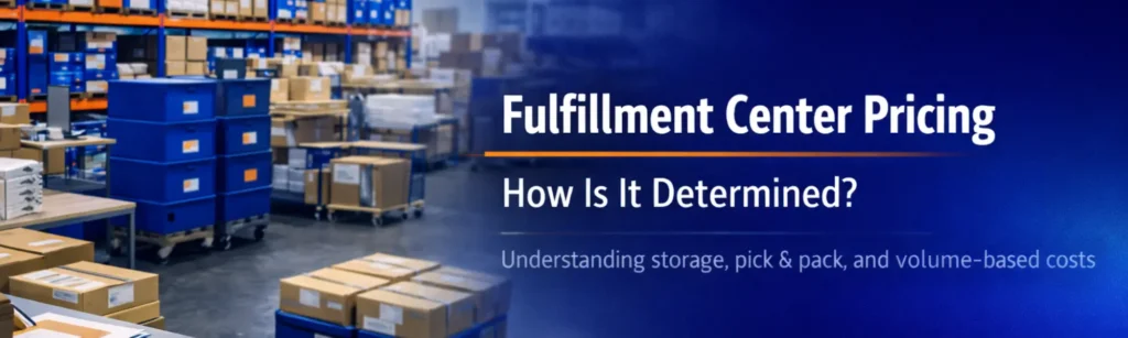 Organized fulfillment center showing pallet racking, pick-and-pack stations, shipping tables, and staged outbound orders with pricing and planning materials