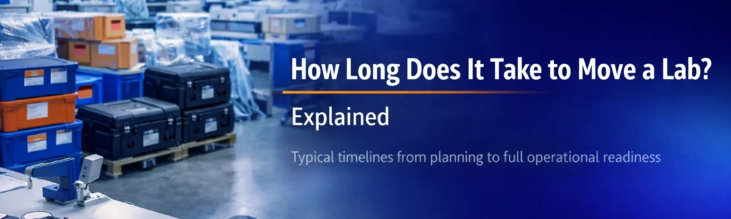 Organized laboratory prepared for relocation with secured scientific equipment, labeled crates, shock-protected cases, and documented planning materials