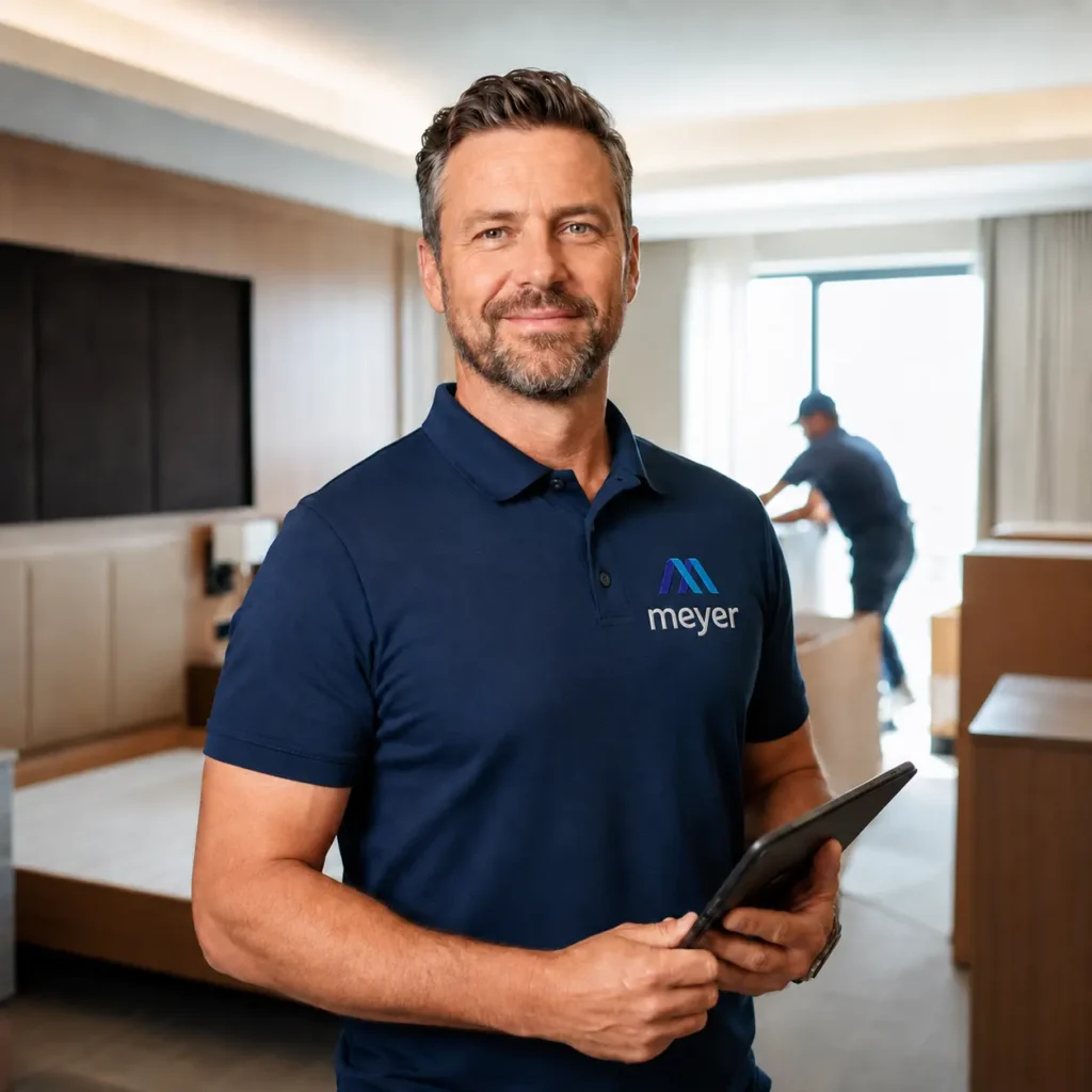 Meyer project manager in a navy polo holding a tablet during a hotel room FF&E installation.