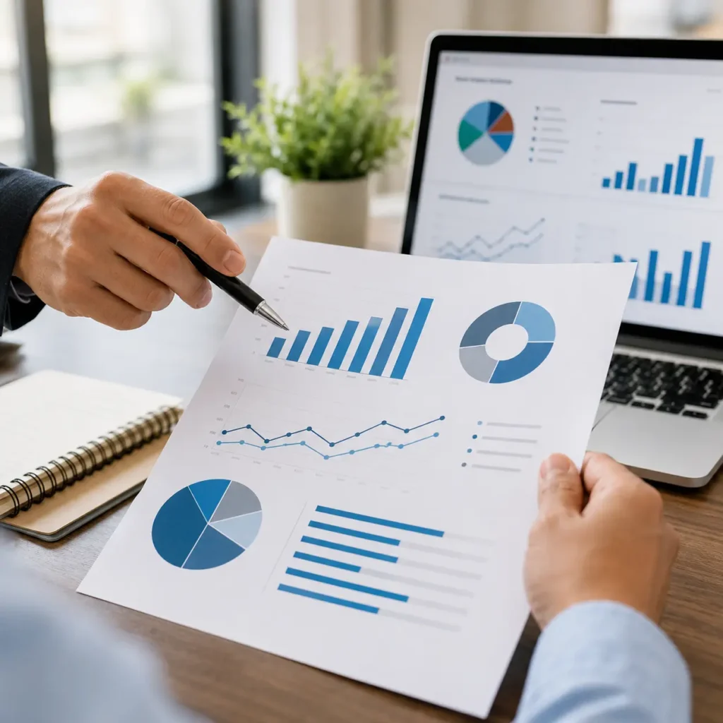 Hands review a printed business analytics report with charts while a laptop dashboard sits in the background during a modern office meeting.