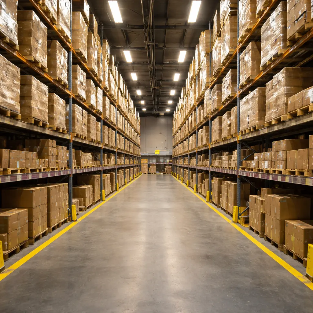 Climate-controlled warehouse aisle with organized storage racks for secure library collection storage.